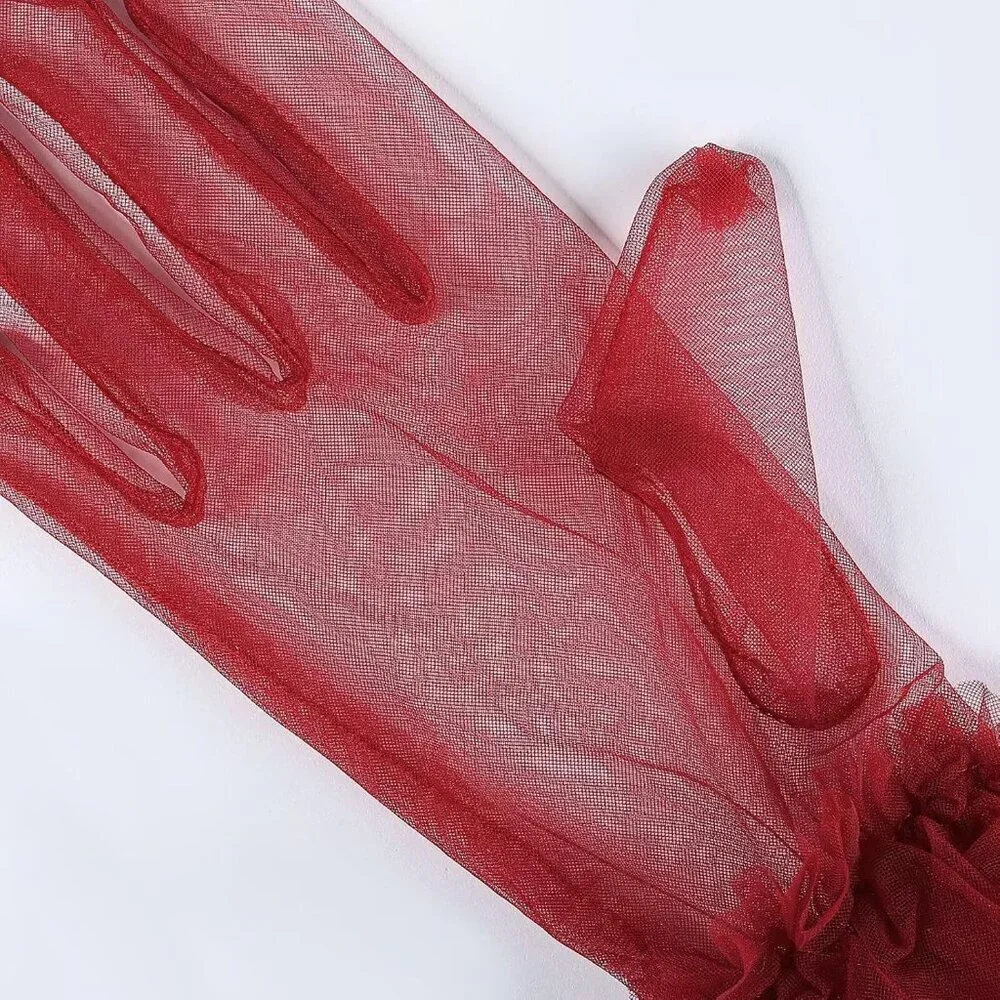 Women's Puffy Ruffle Burgundy Tulle Sheer Mesh Party Prom One Size Short Gloves